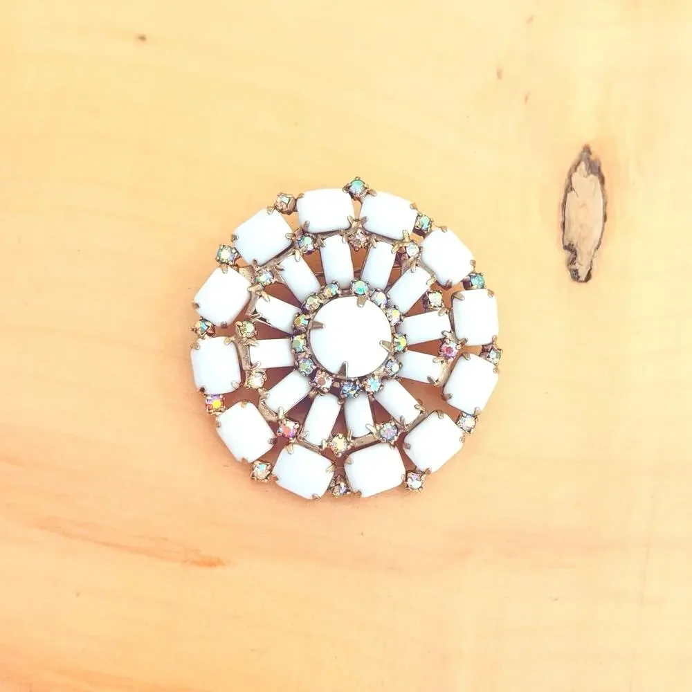 Vtg Milk Glass Brooch White Starburst Rhinestone Mid-Century Pin Large 50s 60s